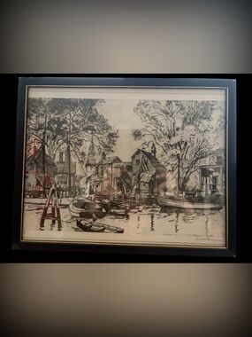 Etched framed print by Lionel Barrymore “Old Red Bank” Sketch Wall Art